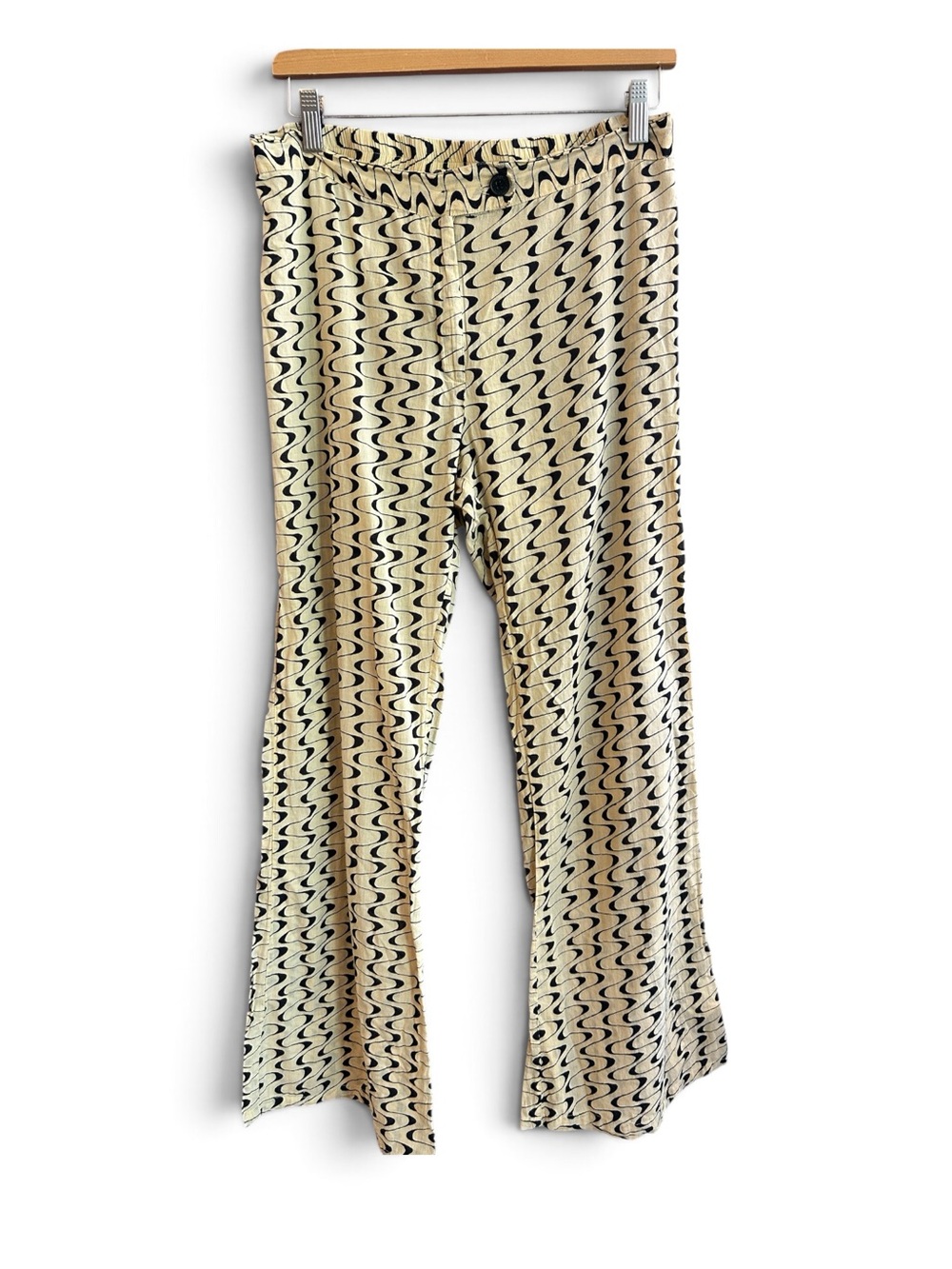 gimaguas  Disco Women's Black Wave-Print Cream Wide Leg Pants S 70s